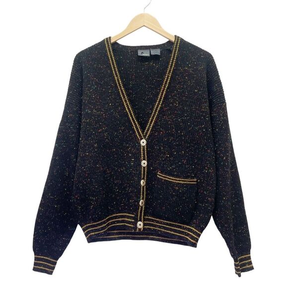 Vintage 80s Liz Claiborne LizWear Wool Varsity Cardigan Black Speckle Size Small - Picture 6 of 14